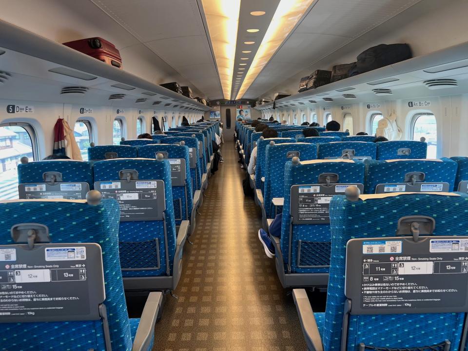 The coach section on the Shinkansen bullet train.