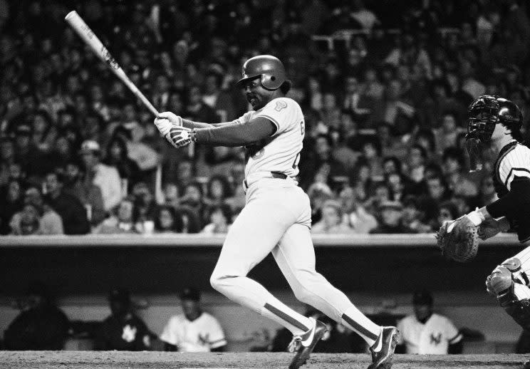 Los Angeles Dodgers batter Pedro Guerrero follows through after connecting on a New York Yankees pitch in a World Series game, Wednesday, Oct. 28, 1981, New York. Guerrero came up with several key hits in the game. The catcher is unidentified. (AP Photo)