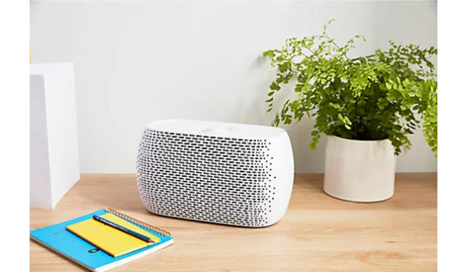 Air purifier on desk near plant and notebooks