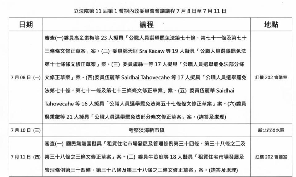 無黨籍內政委員會召委高金素梅下週一排審選罷法，將國民黨立委許宇甄版本抽出，僅審原民立委、民進黨立委吳秉叡提案。（內政委員會提供）