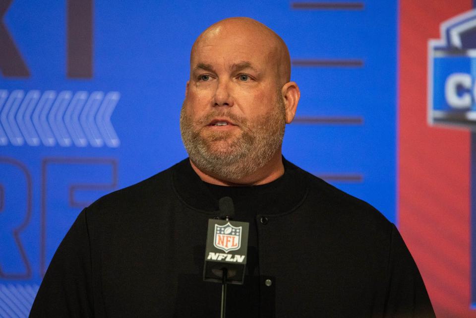 Arizona Cardinals general manager Steve Keim talks to the media during the 2022 NFL Combine.