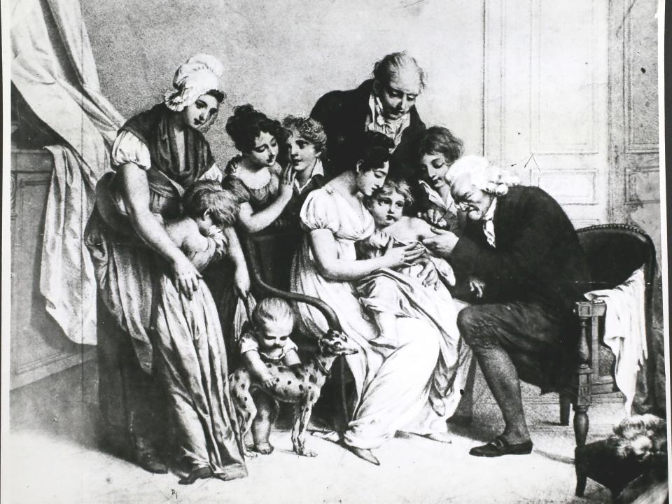 Edward Jenner innoculates a child against smallpox in 1796.