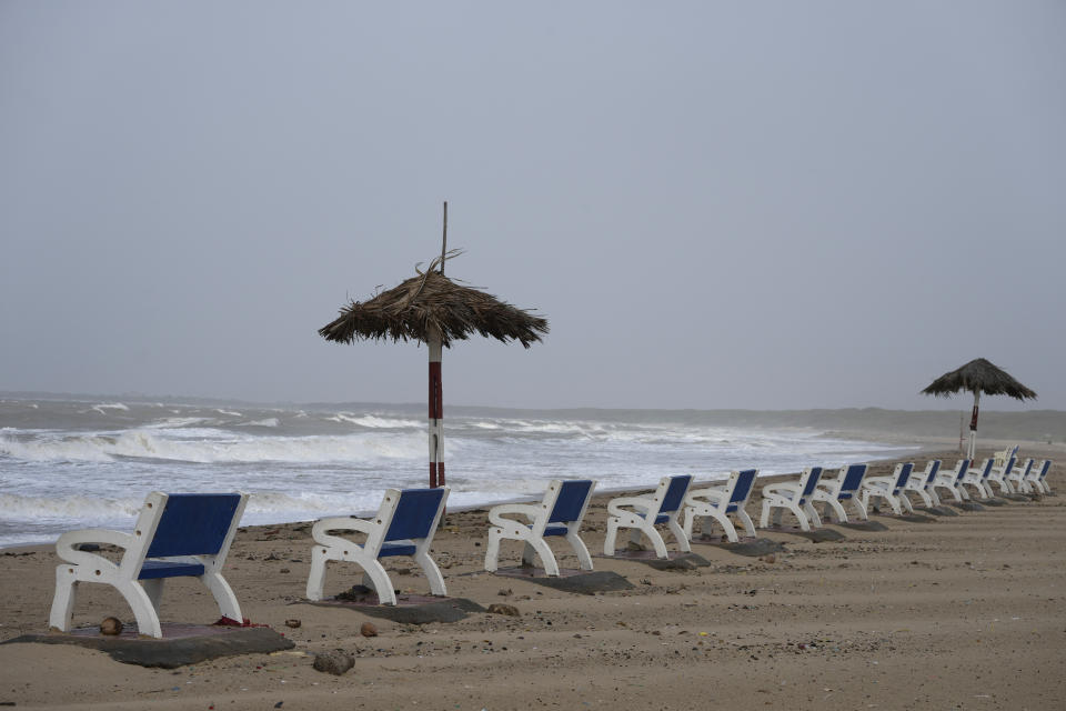 A deserted beach on the Arabia Sea coast at Mandvi in Kutch district of Gujarat state, India, Wednesday, June 14, 2023. With Cyclone Biparjoy expected to make landfall Thursday evening, coastal regions of India and Pakistan are on high alert. (AP Photo/Ajit Solanki)