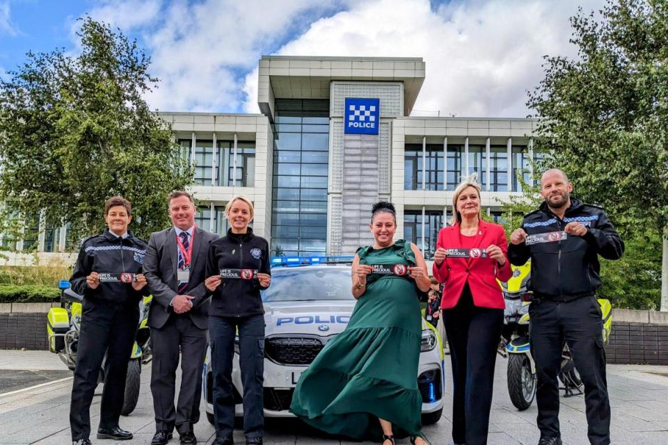 L-R Assistant Chief Constable Tonya Antonis, Jonathan Slee from Durham County Council, Detective Constable Natalie Horner, Mariellena Johnson, PCC Joy Allen, and Inspector Kevin Salter from Durham Roads and Armed Policing Unit i(Image: Durham Police)/i