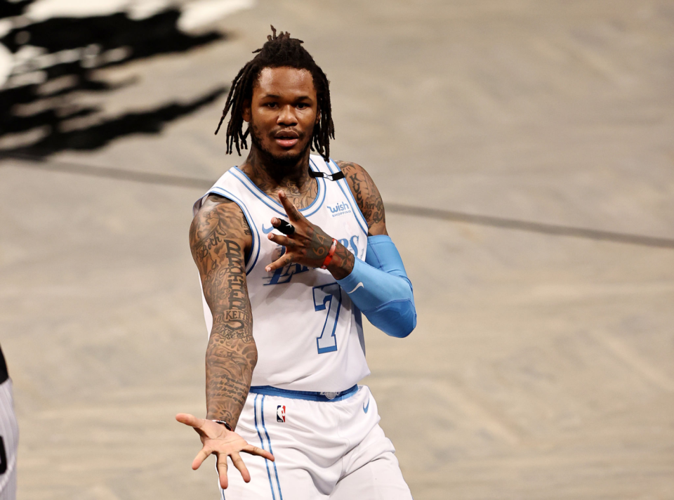 Lakers newcomer Ben McLemore celebrates a three-pointer in the fourth quarter.