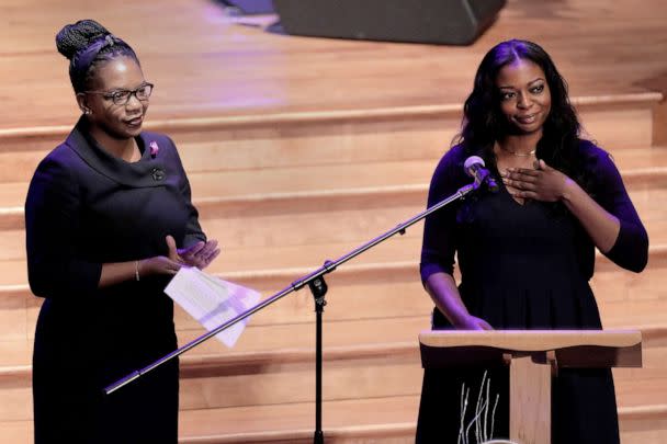 PHOTO: Adia Cummings, right, daughter of late Rep. Elijah Cummings, speaks next to her sister Jennifer Cummings, during their father's funeral services at the New Psalmist Baptist Church in Baltimore, Oct. 25, 2019. (Julio Cortez/Pool via Reuters)