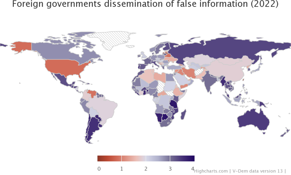 2022年各國受外國散播假訊息程度。顏色越紅表示越嚴重。台灣蟬聯10年冠軍。（圖／DSP）