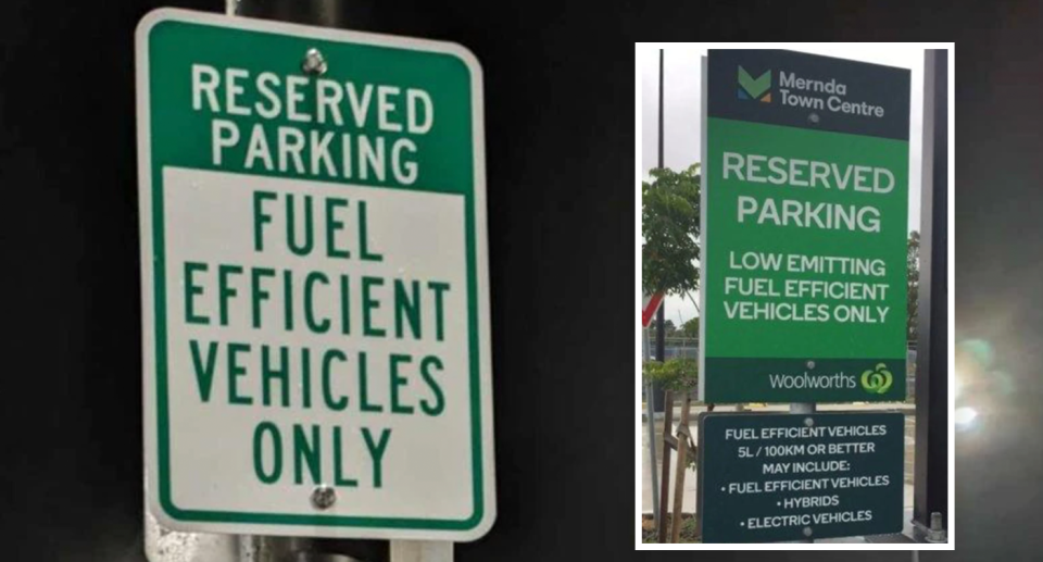 A sign erected at The State Basketball Centre in Wantirna South on the left, with similar poster at Mernda Town Centre on advising shoppers about fuel-efficient parking spots. 