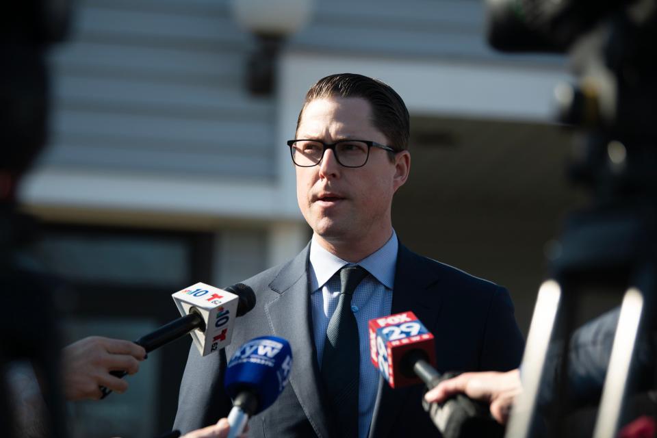 Attorney Paul Lang speaks to the media after the preliminary hearing of Joshua Cooper outside District Court in Bensalem on Monday, March 6, 2023. Cooper is on trial for criminal homicide, possessing instrument of crime with intention and fabricating physical evidence.