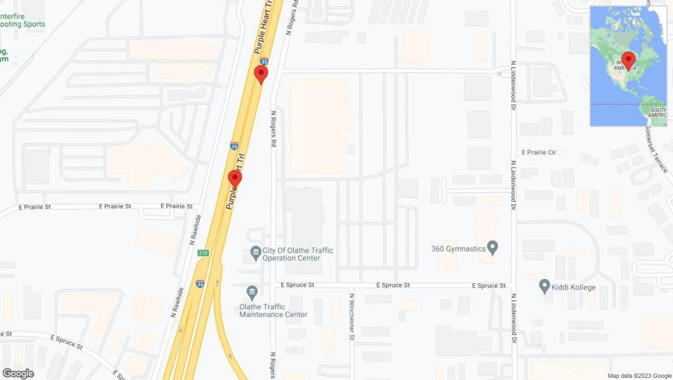 A detailed map that shows the affected road due to 'Broken down vehicle on eastbound I-35 in Olathe' on December 15th at 7:39 p.m.