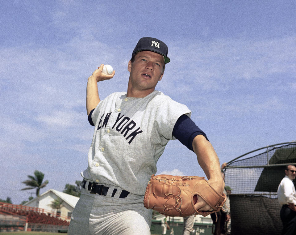 FILE - This 1967 file photo shows New York Yankees pitcher Jim Bouton. Jim Bouton, the New York Yankees pitcher who shocked the conservative baseball world with the tell-all book "Ball Four," has died, Wednesday, July 10, 2019. He was 80. (AP Photo/File)