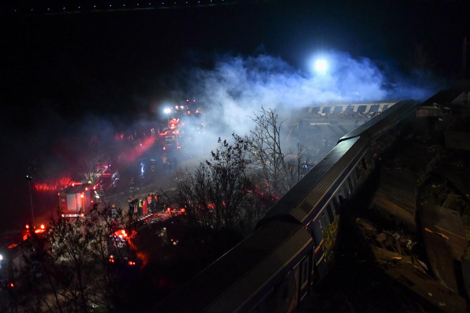 Rail accident involving a collision between a cargo and a passenger train in the Evangelismos area of Larissa, Greece on March 1, 2023. At least 16 people have been reported dead after the rail accident. (Photo by STRINGER / SOOC / SOOC via AFP) (Photo by STRINGER/SOOC/AFP via Getty Images)