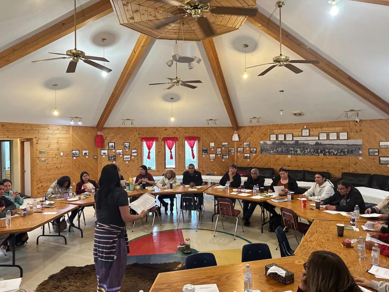 Belinda kakiyosēw Daniels works with participants in a cultural mentorship program at Sturgeon Lake First Nation this week.  (Submitted by Belinda kakiyosēw Daniels - image credit)