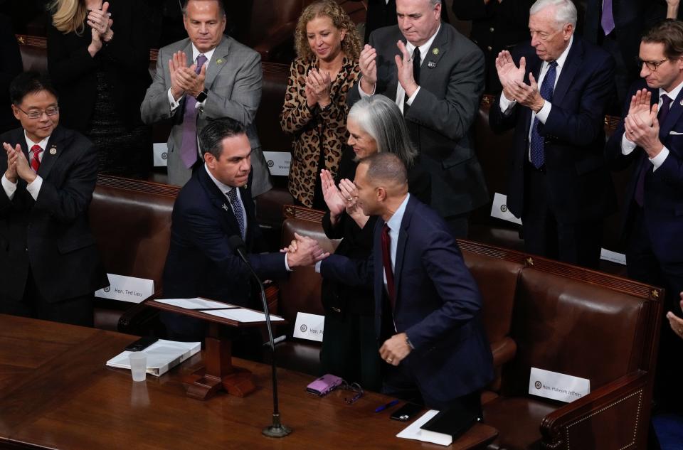 Jan 6, 2023; Washington, DC, USA; Rep. Pete Aguilar (D-Calif.) shakes hands with Rep. Hakeem Jeffries (D-NY0 after nominating Jeffries for speaker as the House of Representatives reconvenes.