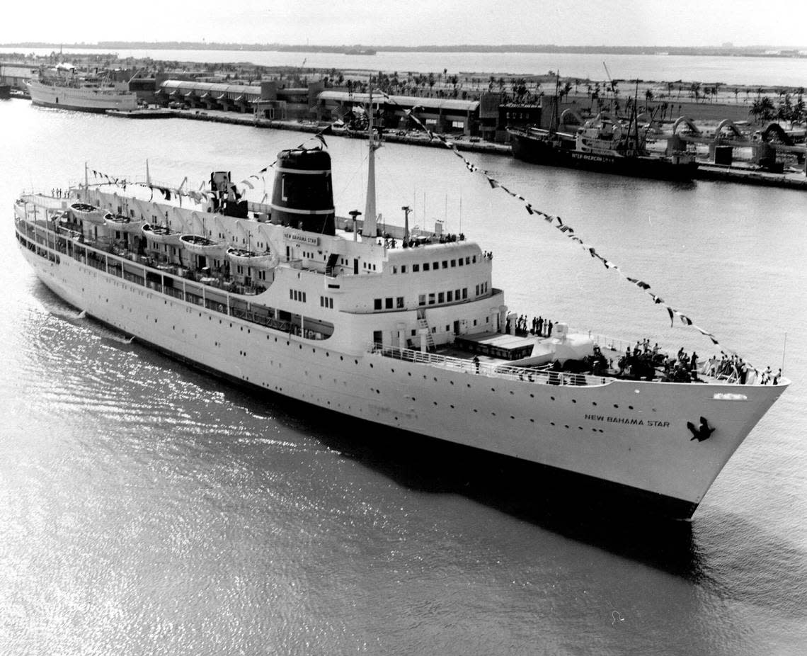 Eastern Steamship Lines’ New Bahama Star in 1969, which had twice-weekly cruise service between Nassau and the new Port of Miami. The ship at the time was the ninth cruise liner to begin regular operations since the modern port opened. The other new liners based in Miami: the Ariadne, Boheme, Cabo Izarra, Flavia, Freeport, Jamaica Queen, Starward and Summard.