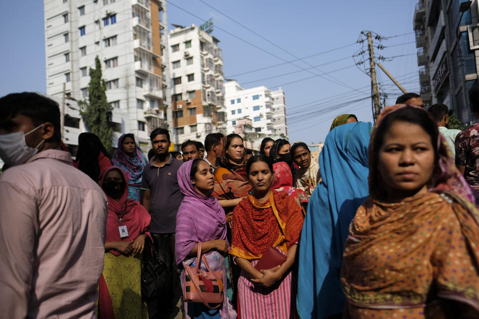 Bangladeshi garment workers gather during a protest demanding an increase in their wages at Mirpur in Dhaka, Bangladesh, Tuesday, Oct.31, 2023. (AP Photo/Mahmud Hossain Opu)