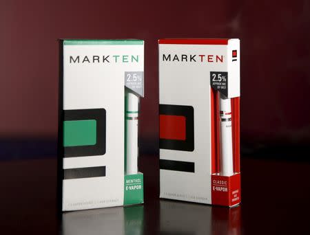 The packaging for electronic MarkTen cigarettes is seen in this photo illustration shot in Washington March 17, 2015. REUTERS/Gary Cameron