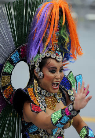 A reveller parades for the Aguia de Ouro samba school during the carnival in Sao Paulo, Brazil, February 25, 2017. REUTERS/Paulo Whitaker