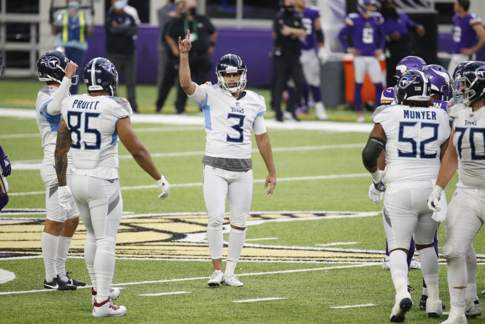 Tennessee Titans kicker Stephen Gostkowski (3) celebrates after kicking a 55-yard field goal during the second half of an NFL football game against the Minnesota Vikings, Sunday, Sept. 27, 2020, in Minneapolis. The Titans won 31-30. (AP Photo/Bruce Kluckhohn)