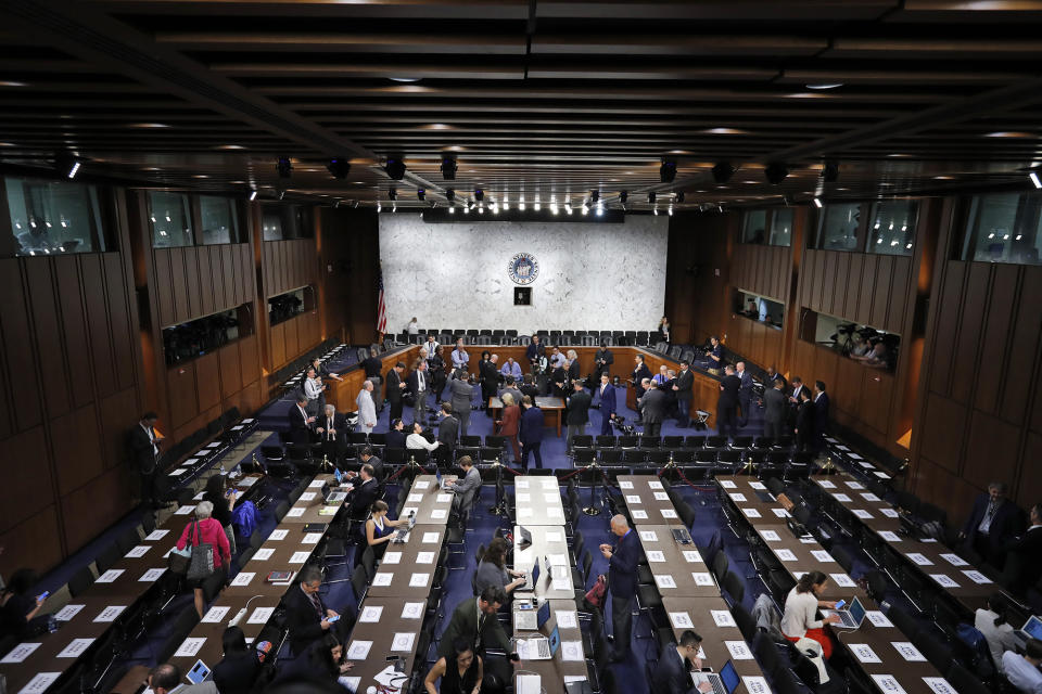 <p>The hearing room is prepared for Former FBI Director James Comey to appear before the Senate Intelligence Committee, on Capitol Hill, Thursday, June 8, 2017, in Washington. (Photo: Alex Brandon/AP) </p>