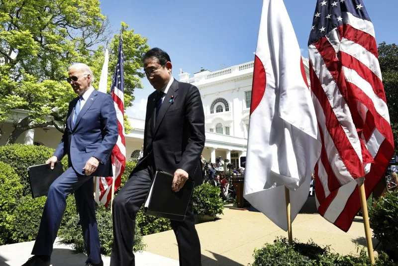 Japan's Prime Minister Fumio Kishida (R) and U.S. President Joe Biden depart after a joint press conference in the Rose Garden at the White House on Wednesday. The Japanese prime minister will attend a state dinner later followed by an address to a joint session of Congress on Thursday. Pool Photo by Yuri Gripas/UPI