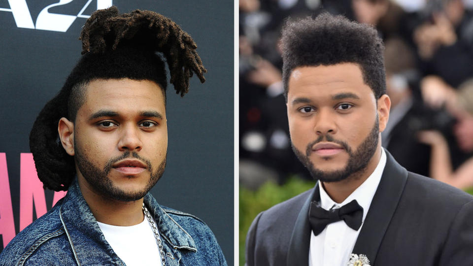 The Weeknd with long dreads and The Weeknd with a shorter hairstyle