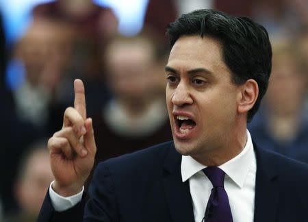 Britain's opposition Labour party leader Ed Miliband delivers a speech on his leadership at University of London, November 13, 2014. REUTERS/Luke Macgregor