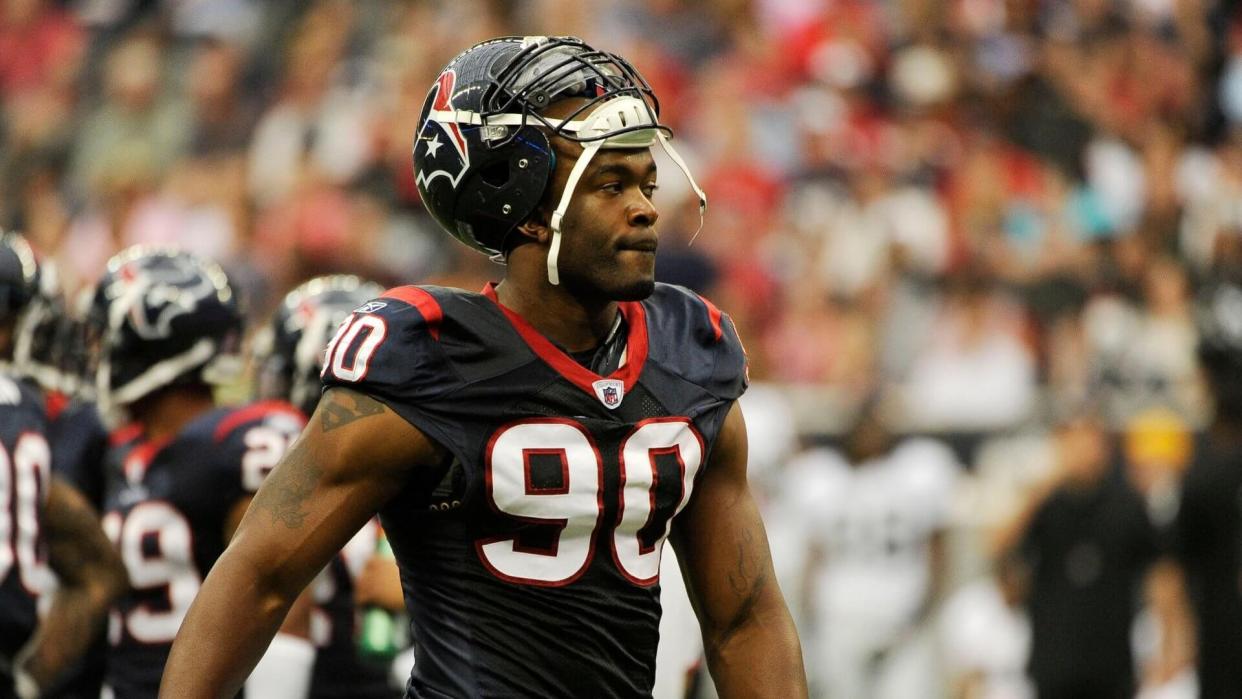 Mandatory Credit: Photo by Dave Einsel/AP/Shutterstock (9271372au)Houston Texans outside linebacker Mario Williams in the first quarter of an NFL football against the Oakland Raiders game, in HoustonRaiders Texans Football, Houston, USA - 9 Oct 2011.