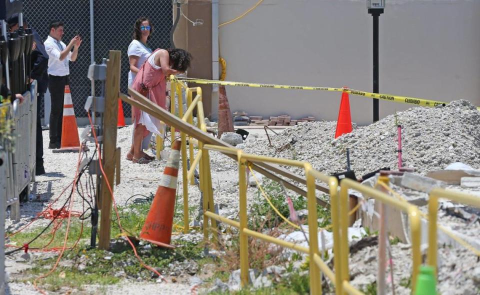Visitors breach the barriers to get closer to the site of the collapse of Champlain Towers South in Surfside, Florida. A public memorial event was held on Friday, June 24, 2022 to mark the one-year anniversary.