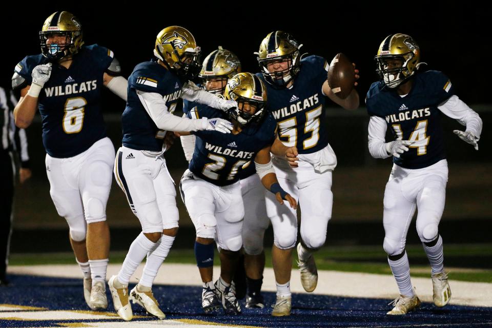 Apalachee celebrates after scoring off of a blocked punt during a GHSA high school football game between Apalachee and Jackson County in Winder, Ga., on Friday, Nov. 5, 2021. Apalachee won 34-28.