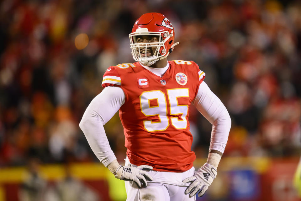 FILE - Kansas City Chiefs defensive tackle Chris Jones smiles during the second half of the team's NFL AFC Championship playoff football game against the Cincinnati Bengals, Jan. 29, 2023, in Kansas City, Mo. Jones, who is entering the final year of his contract with the Chiefs, has been out since the Super Bowl champions' start.  Mandatory three-day minicamp on Tuesday, June 13.  (AP Photo/Reed Hoffmann, File)