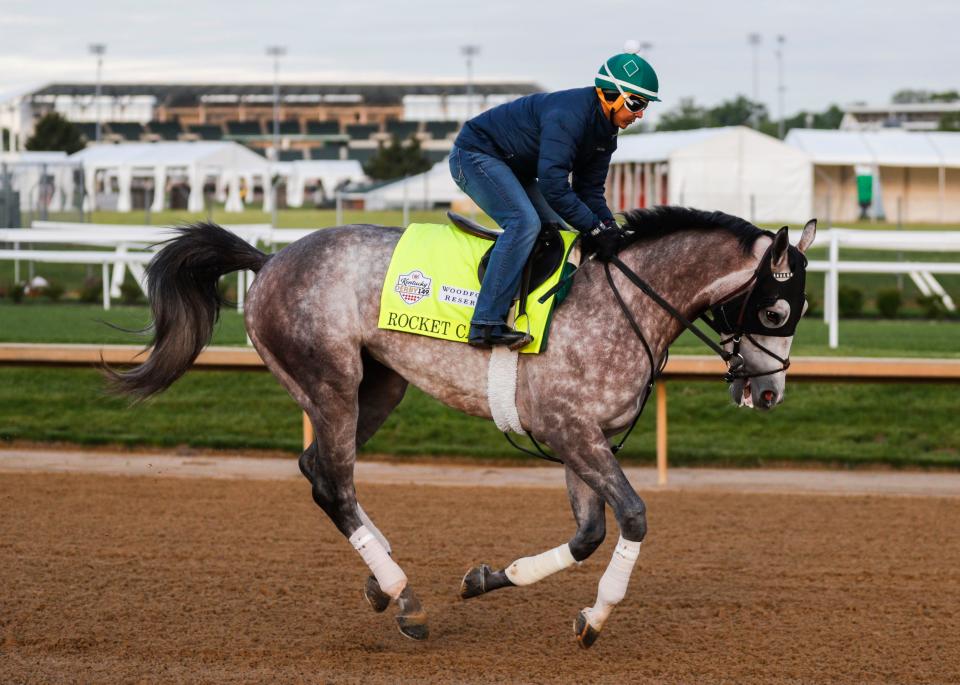 Kentucky Derby horse Rocket Can on the track on Sunday. April 23 2023 at Churchill Downs. Rocket Can, trained by Bill Mott, placed fourth in the Arkansas Derby in the 1-1/8 mile race, second in the Fountain of Youth Stakes at Gulfstream Park and first at the Holy Bull Stakes.