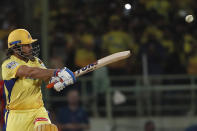 Chennai Super Kings' MS Dhoni plays a shot during the Indian Premier League cricket match between Delhi Capitals and Chennai Super Kings in Visakhapatnam, India, Sunday, March. 31, 2024.(AP Photo/ Surjeet Yadav))