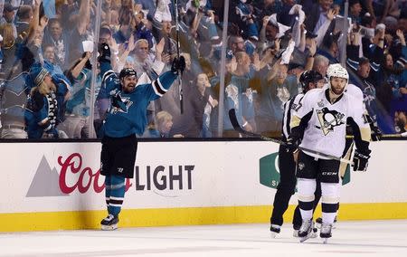 San Jose Sharks right wing Joonas Donskoi (27) celebrates after scoring the game-winning goal against the Pittsburgh Penguins in the overtime period of game three of the 2016 Stanley Cup Final at SAP Center at San Jose. Mandatory Credit: Kyle Terada-USA TODAY Sports