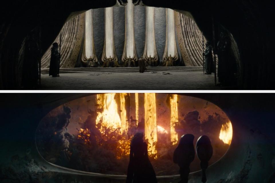 (Top) Shot of the throne room for the Kryptonian Supreme Council in "Man of Steel"/Lara Lor-Van watching pillars of fire shoot into the sky in "Man of Steel"