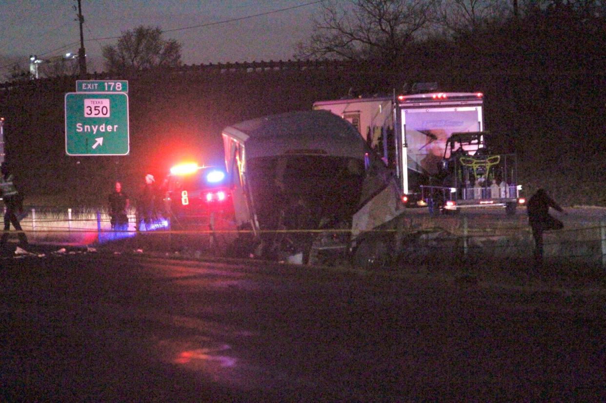 At least two people were killed when a school bus from Andrews Independent School District was struck by a vehicle traveling in the wrong direction on Interstate 20 near Big Spring Friday, Nov. 19, 2021.