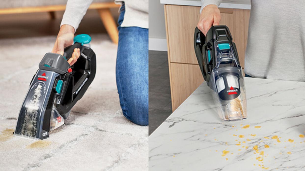  A white woman wearing blue denim jeans using the Bissell Pet Stain Eraser Duo portable carpet cleaner on light carpet and marble effect kitchen worktop. 