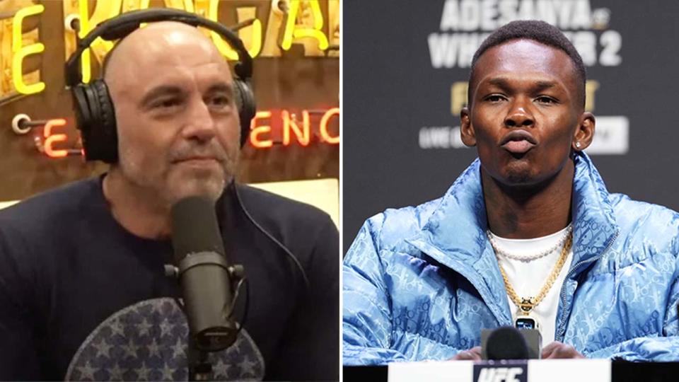 Israel Adesanya (pictured right) has defended podcast host and UFC announcer Joe Rogan (pictured left). (Images: Twitter/Getty Images)