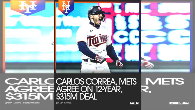 柯瑞亞（Carlos Correa）12年3.15億美金改加盟大都會。（圖／翻攝自FOX Sports: MLB推特）