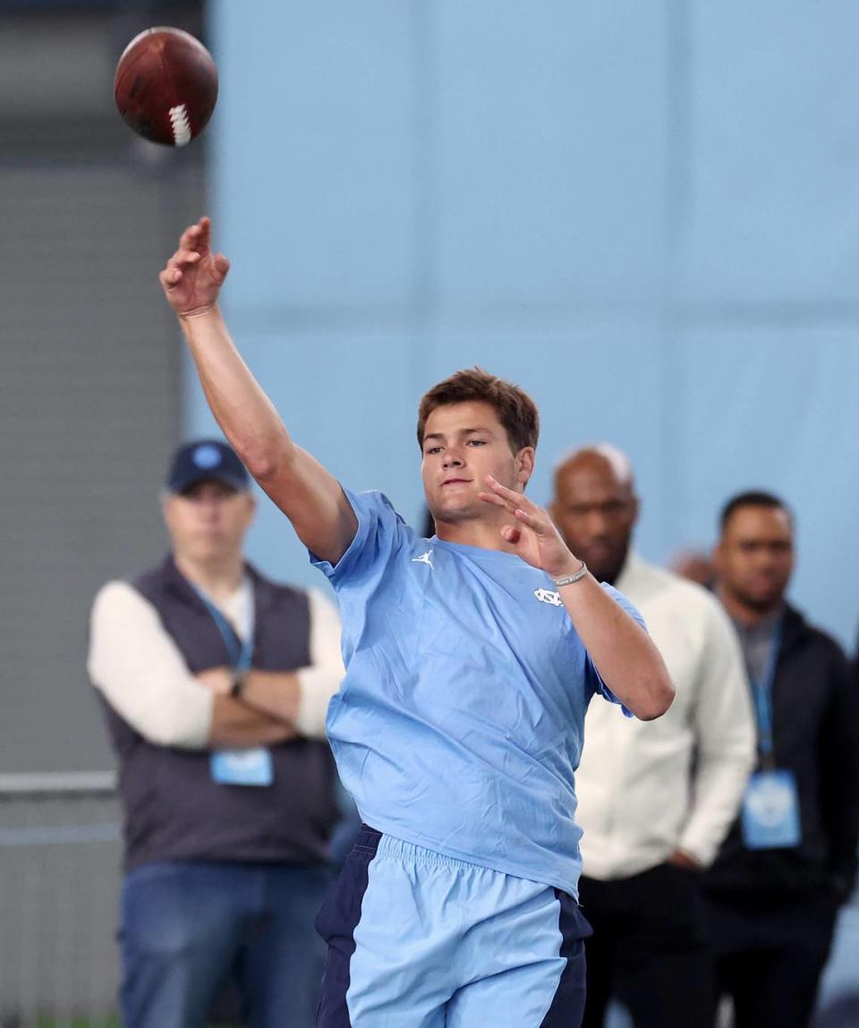 Drake Maye passes to a receiver during the Carolina Football Pro Day at UNC Chapel Hill’s Koman Indoor Practice Facility on Thursday, March 28, 2024.