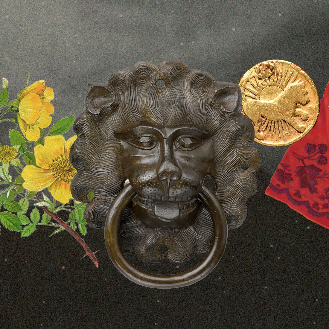 a collage including a lion door knocker, flowers, a scarf, and a coin