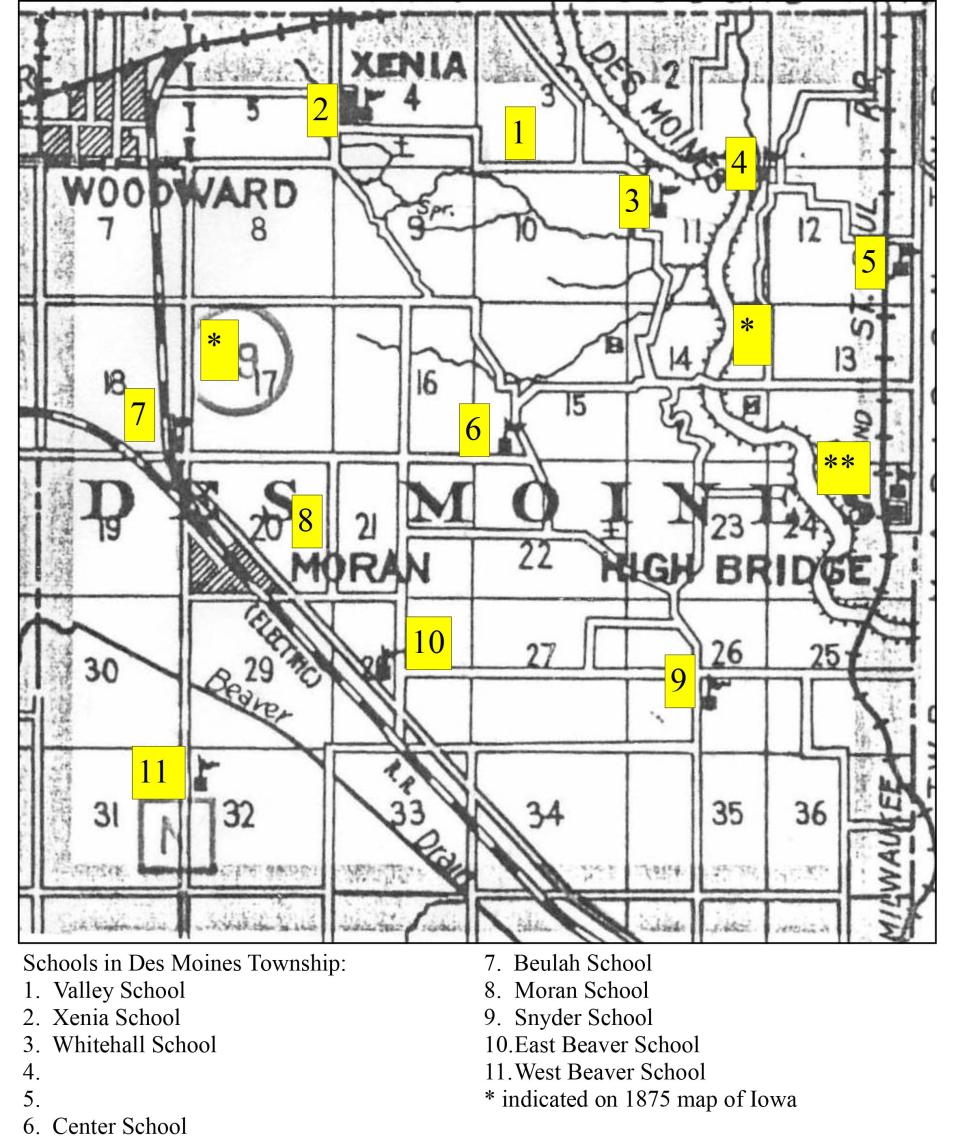 A group is seeking information about the names and locations of schools in Des Moines Township.