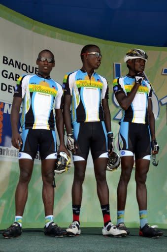 Nathan Byukusenge (L) and his Rwanda cycling teammates at the Amissa Bongo cycling race in Lambarene on April 24. Byukusenge got his big break in 2007 when the Rwanda federation decided to hold selections and assemble a team