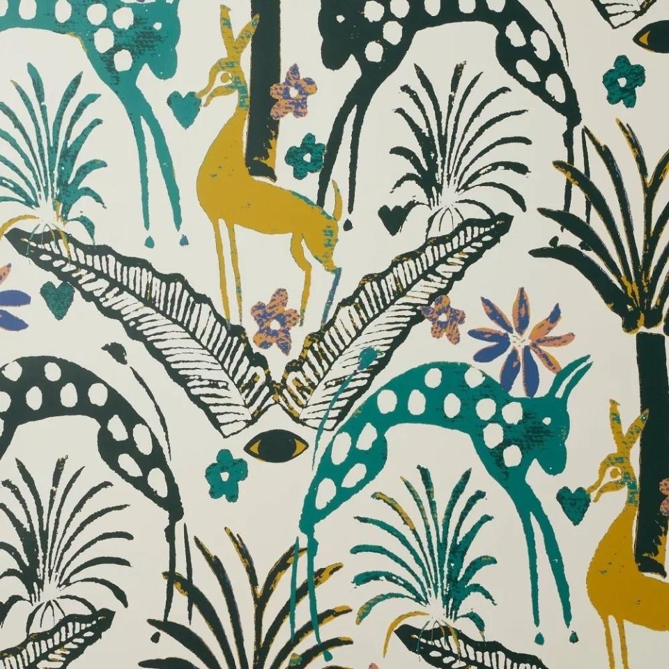 Wallpaper with a pattern of stylized animals and foliage