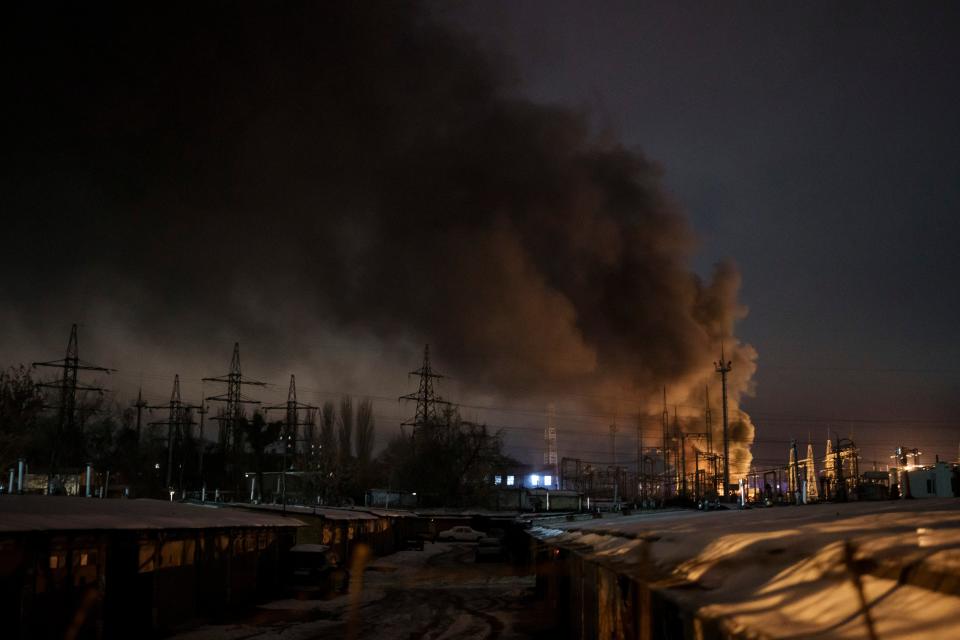 Smoke billows from a power infrastructure following a Russian drone attack in Kyiv region, Ukraine, Monday (Copyright 2022 The Associated Press. All rights reserved.)