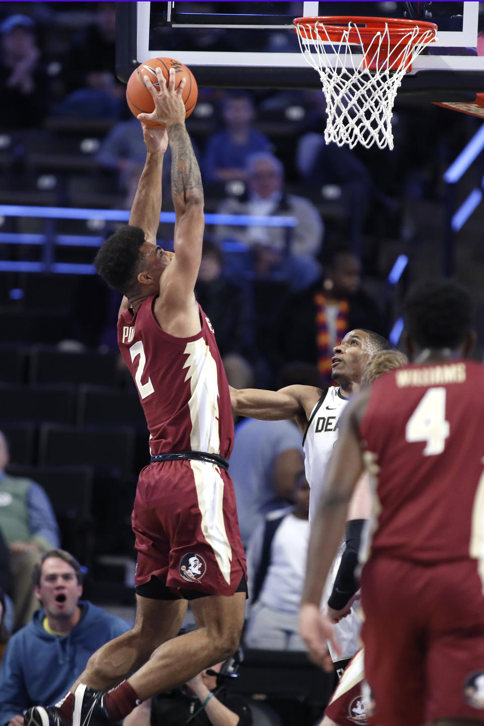 Florida State Anthony Polite (2) dunks in the first half against Wake Forest during an NCAA college basketball game Wednesday, Jan. 8, 2020 in Winston-Salem, N.C. (AP Photo/Lynn Hey)