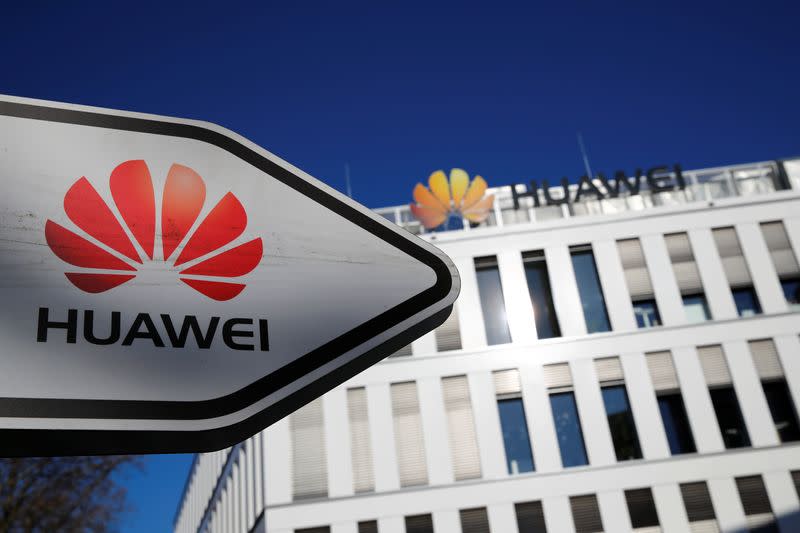 The logo of Huawei Technologies is pictured in front of the German headquarters of the Chinese telecommunications giant in Duesseldorf