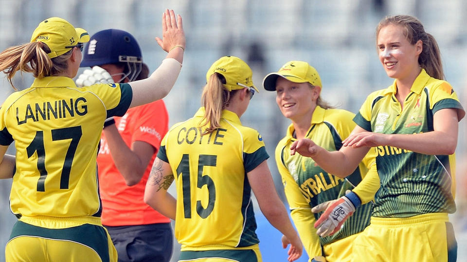 Pictured here, Australia's top female cricket stars celebrate during a match.