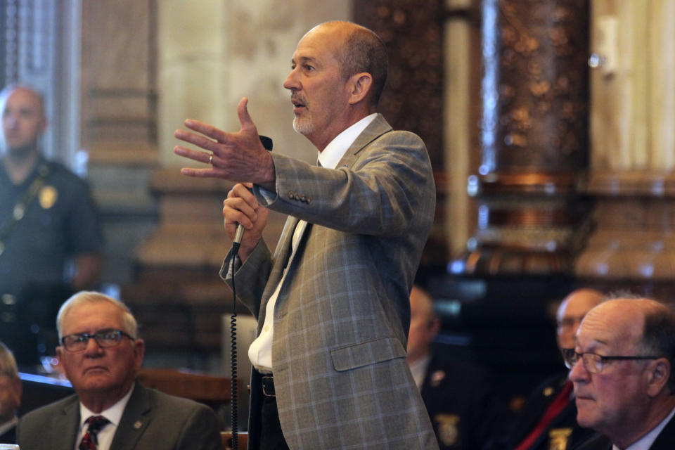 Kansas state Sen. Mark Steffen, R-Hutchison, speaks in favor of overriding Democratic Gov. Laura Kelly's veto of a bill banning gender-affirming care for minors, Monday, April 29, 2024, at the Statehouse in Topeka, Kan. Steffen says the state must protect "confused" children from a "confused health care system and confused parents." (AP Photo/John Hanna)