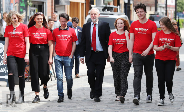 <span class="caption">Youth on his side?</span> <span class="attribution"><a class="link " href="https://www.paimages.co.uk/search-results/fluid/?q=labour%20supporters&amber_border=1&category=A,S,E&fields_0=all&fields_1=all&green_border=1&imagesonly=1&orientation=both&red_border=1&words_0=all&words_1=all" rel="nofollow noopener" target="_blank" data-ylk="slk:Chris Radburn/PA Wire/PA Images;elm:context_link;itc:0;sec:content-canvas">Chris Radburn/PA Wire/PA Images</a></span>